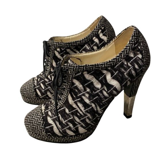 CHANEL Shoes - CHANEL Tweed Lace Up Booties Heels EU 37 Black White Ankle Boots -Authenticated
